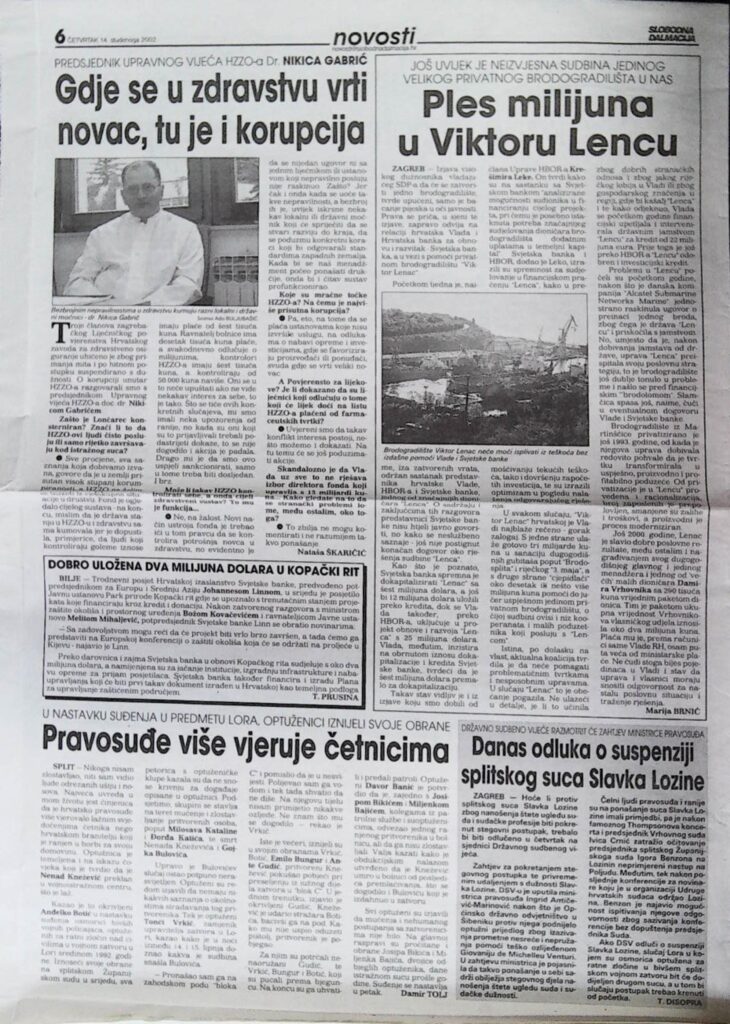 Gdje se u zdravstvu vrti novac tu je korupcija (Slobodna Dalmacija, 2002.)