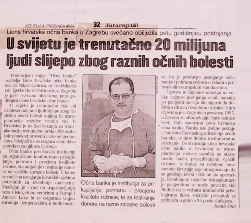 Lions hrvatska očna banka navršila 5 god. postojanja (Jutarnji list, 2000.)