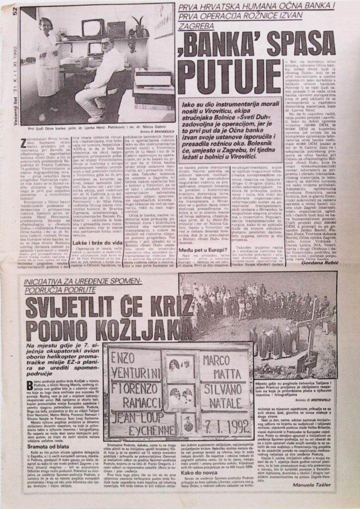 Prva operacija rožnice izvan Zagreba (Večernji list, 1992.)