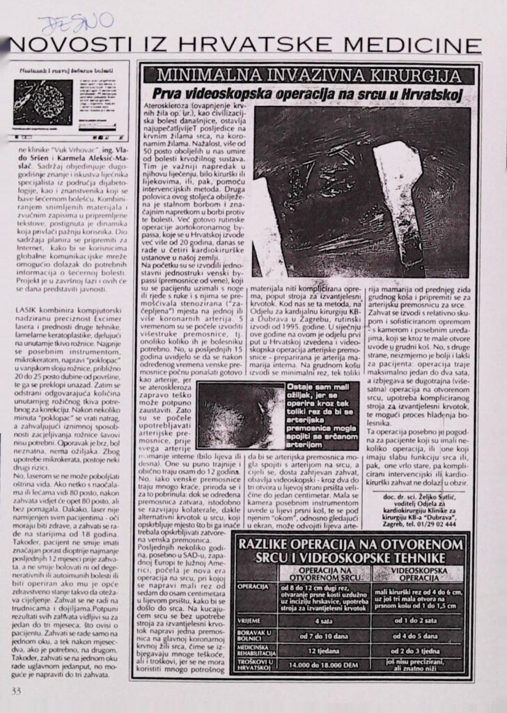 Prva videoskopska operacija na srcu u Hrvatskoj (Večernji list, 1997.)