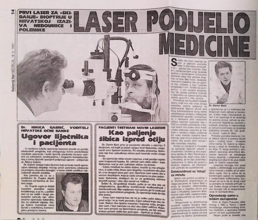 Prvi laser za skidanje dioptrije u Hrvatskoj (Večernji list, 1997.)