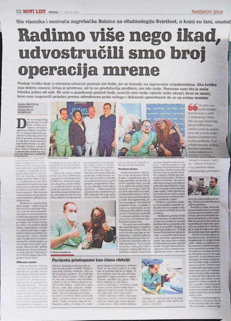 Radimo više nego ikad, udvostručili smo broj operacija mrene (Novi list, 2022.)