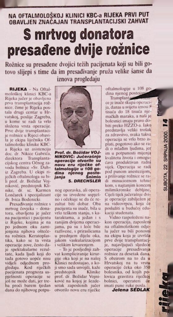 S mrtvog donatora presađene dvije rožnice (Novi list, 2000.)