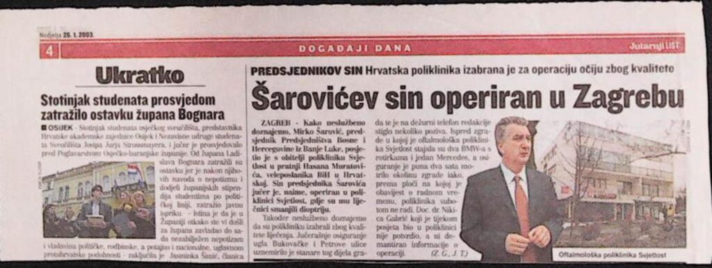 Šarovićev sin operiran u Zagrebu (Jutarnji list, 2003.)