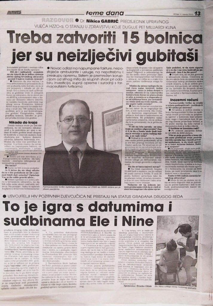 Treba zatvoriti 15 bolnica jer su neizlječivi gubitaši (Slobodna Dalmacija, 2003.)