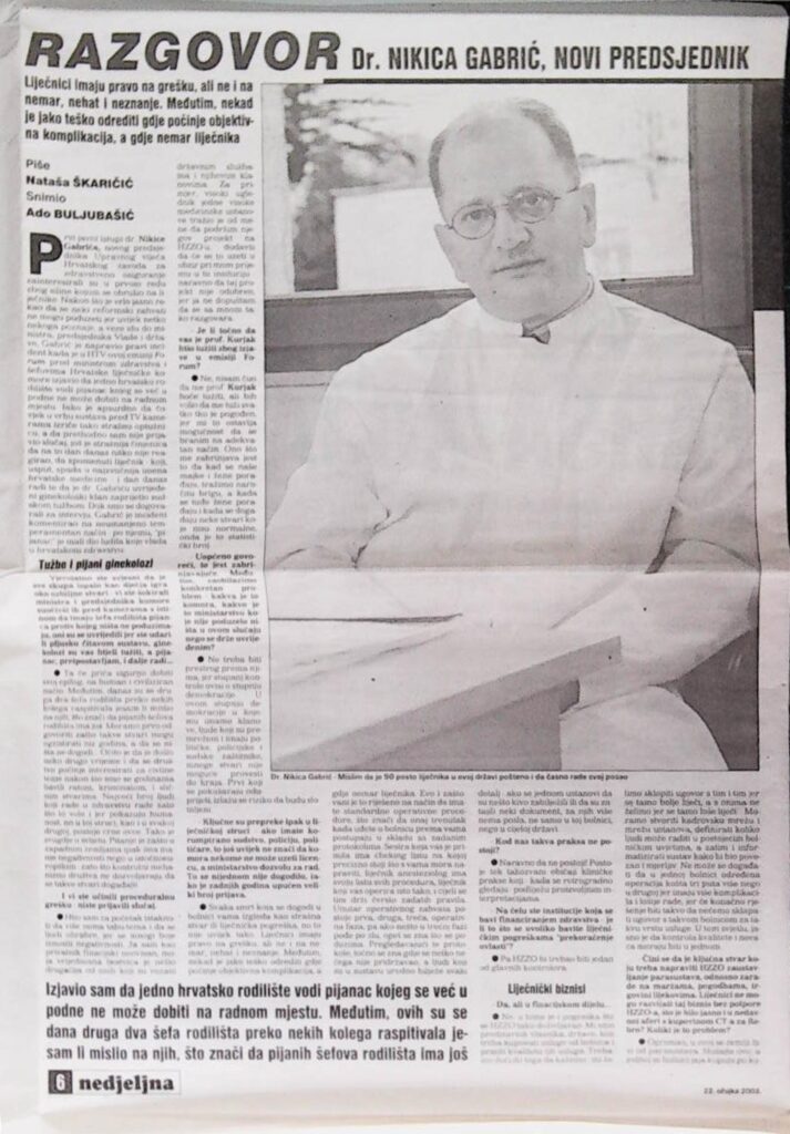 dr. Nikica Gabrić, novi predsjednik (Jutarnji list- Nedjeljni)
