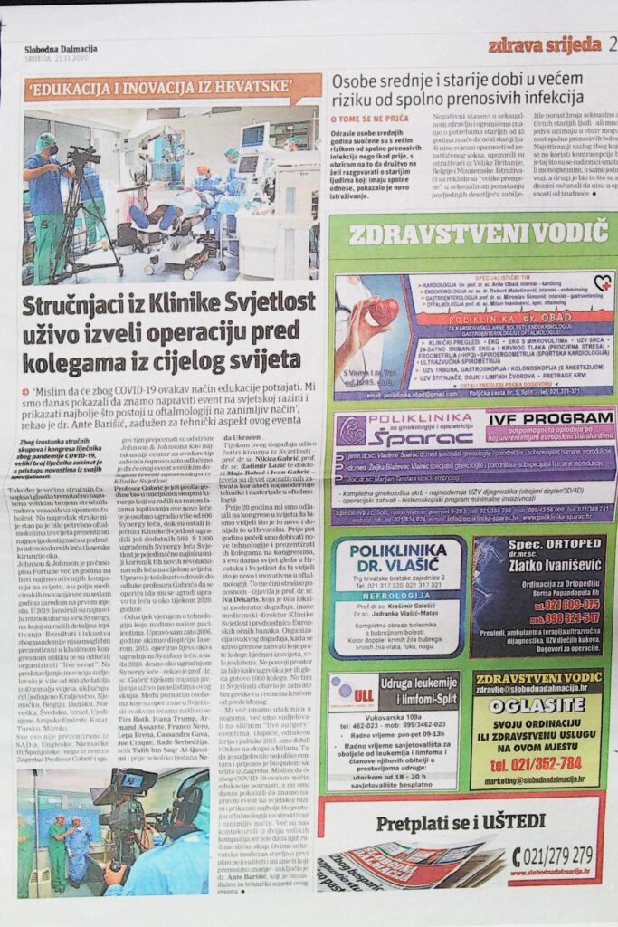 Stručnjaci izveli operaciju pred kolegama iz cijelog svijeta (Slobodna Dalmacija, 2020.)