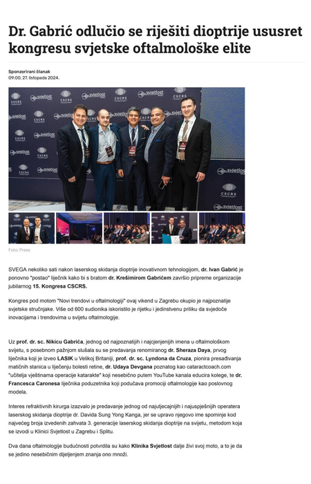 Dr. Gabrić odlučio se riješiti dioptrije ususret kongresu svjetske oftalmološke elite (Index, 2024)